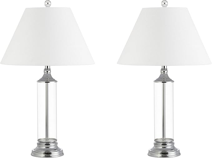 JONATHAN Y 29" Clear/Chrome Glass LED Table Lamp Set of 2, Modern Bedside Nightstand Lamps for Living Room Bedroom Office, White Linen Shade, Transitional Decor JYL4014A-SET2