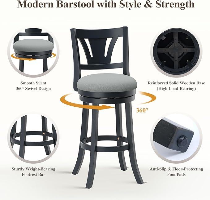 Swivel Bar Stools Set of 4,30 Inch Bar Height Barstool with Silent Rotation, High-Density Foam Cushion, Solid Wood Frame, Footrest & Anti-Slip Pads for Kitchen Islands and Home Bars (Grey)