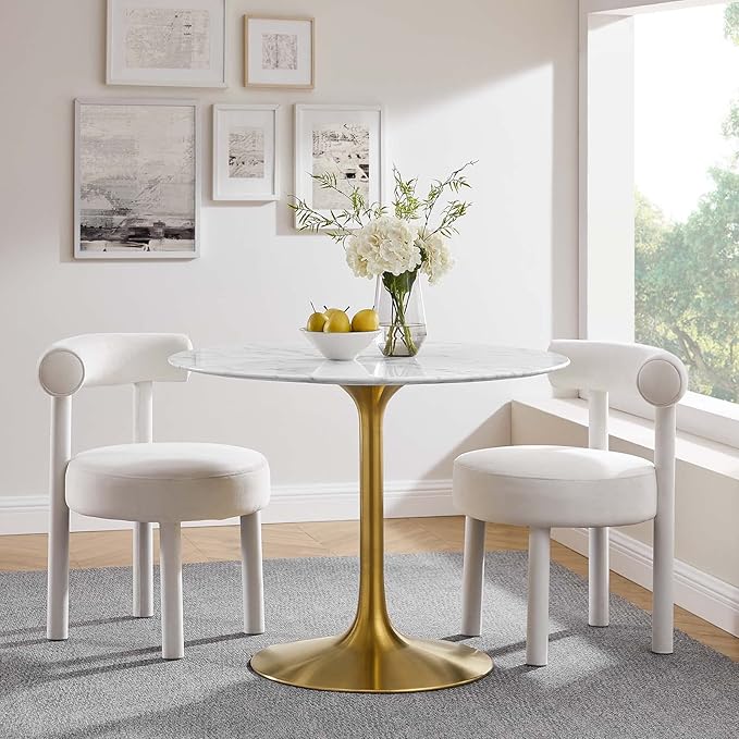 Modway Lippa 40" Mid-Century Dining Table with Round Artificial Marble Top in Gold White