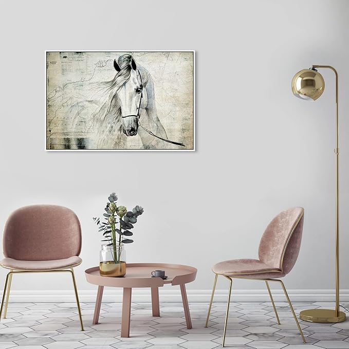 Country Farmhouse Canvas Print Painting Animal Wall Art 'Southern White Horse' White Framed Canvas Rustic Home Décor 36x24 in Gray, Brown by Oliver Gal