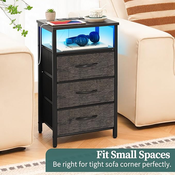 Yoobure Night Stand with Charging Station, 16 Colors LED Nightstand with USB Ports and Outlets, End Table with 3 Fabric Drawers and Storage Shelf, Bedside Tables Small Dresser for Small Space Gray