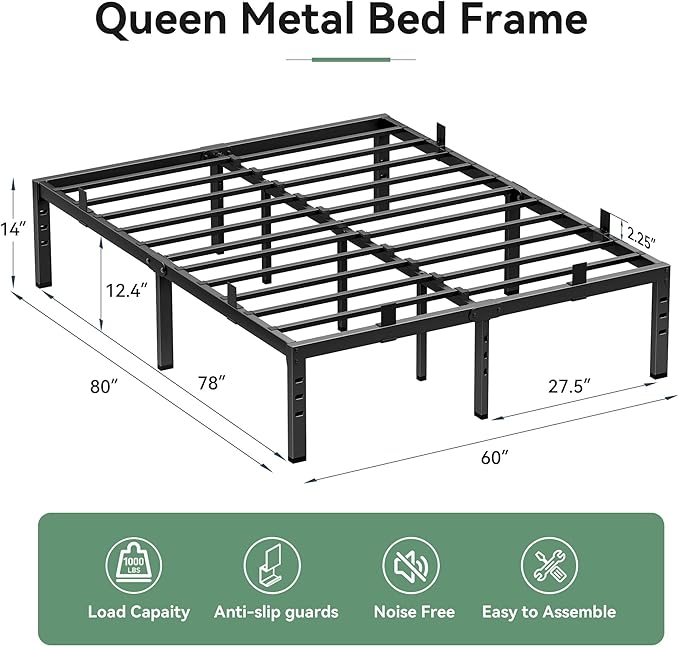 BedsPick 14 Inch Queen Bed Frame, Metal Platform Bed Frame Queen Size with 6 Anti-Slip Mattress Retainers, Heavy Duty Sturdy Mattress Foundation, Easy Assembly, Noise Free, No Box Spring Needed, Black