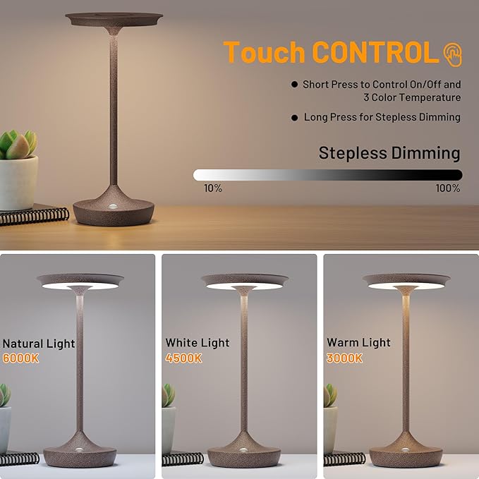 YHT Rechargeable Cordless Table Lamps, 6000mAh Battery Operated Portable LED Waterproof Lamps, 3 Color Stepless Dimming Light with Memory Function for Outdoor Dinning Patio Restaurant (Rust 2Pack)