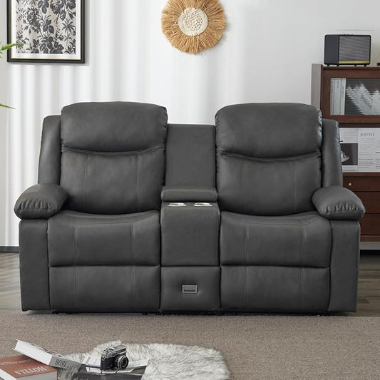 Loveseat Recliner Sofa, PU Leather Sofa Couch, Manual Recliner Loveseat with Console, Double Reclining RV Sofa with Cup Holders and Side Pocket for Living Room/Office/Apartment (Grey) | Heating & Massage, Hidden Drawer