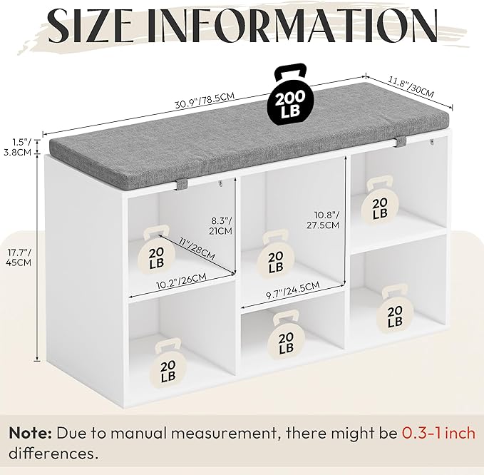 Shoe Bench, Storage Bench with Padded Seat, 6 Cubbies Storage Entryway Bench, for Living Room, Bedroom, Hallway,White