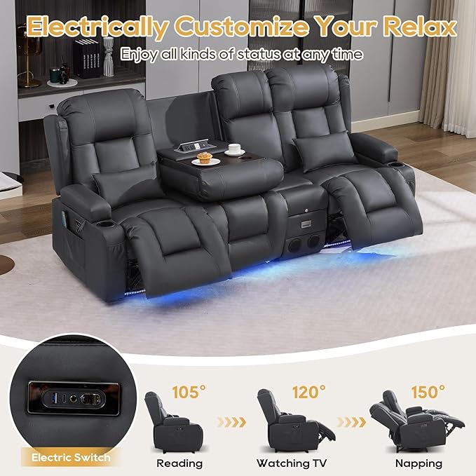 IPKIG Power Recliner Sofa with Flip-Up Backrest Console, USB & USB-C Ports, AC Outlet, LED Lights, Wall Hugger Recliners for Living Room, RV (PU Grey, 89" - 4 Seat) | Faux Leather, Zero Gravity, Dual Reclining, 2 Lumabr Pillow, Bluetooth Speakers