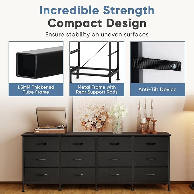 DUMOS TV Stand for Bedroom with Storage TV Stands for Living Room Black, 12 Drawer Dresser Farmhouse Entertainment Center for up to 80 Inch TVs, Media Console Table with Metal Frame Adjustable Feet