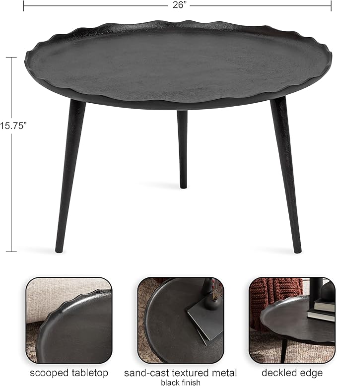 Kate and Laurel Alessia Modern Round Metal Coffee Table; 26 x 26 x 16; Black; Sand Cast Aluminum Coffee Table with Raised Deckled Edge for Storage and Display
