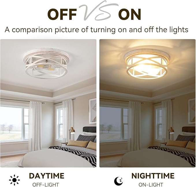 Indoor Flush Mount Ceiling Light Fixtures, 2-Light Cage Cross Close to Ceiling Mount Lights, E26 Base Vintage Hanging Lights for Kitchen Bedroom Living Room, White and Gold