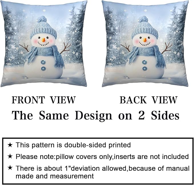 Blue Snowman Throw Pillow Covers Winter Pillow Covers 22x22 Snowflakes Pillow Case Double Sided Printing Cushion Case for Home Decor Couch Sofa Set of 2