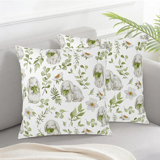 Easter Outdoor Pillow Covers 18x18 Set of 2 Sage Green Bunny Floral Leaf Throw Pillow Covers Spring Rabbit Flower Farmhouse Pillowcase for Home Couch Sofa Decor