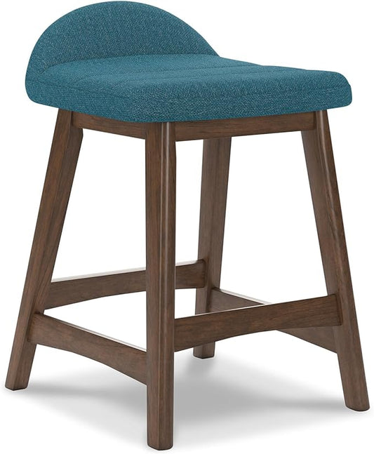 Signature Design by Ashley Lyncott Contemporary 24.25" Seat Height Counter Height Upholstered Bar Stool with Foam Cushion, 2 Count, Blue Fabric, Solid Hardwood Frame with Brown Finish