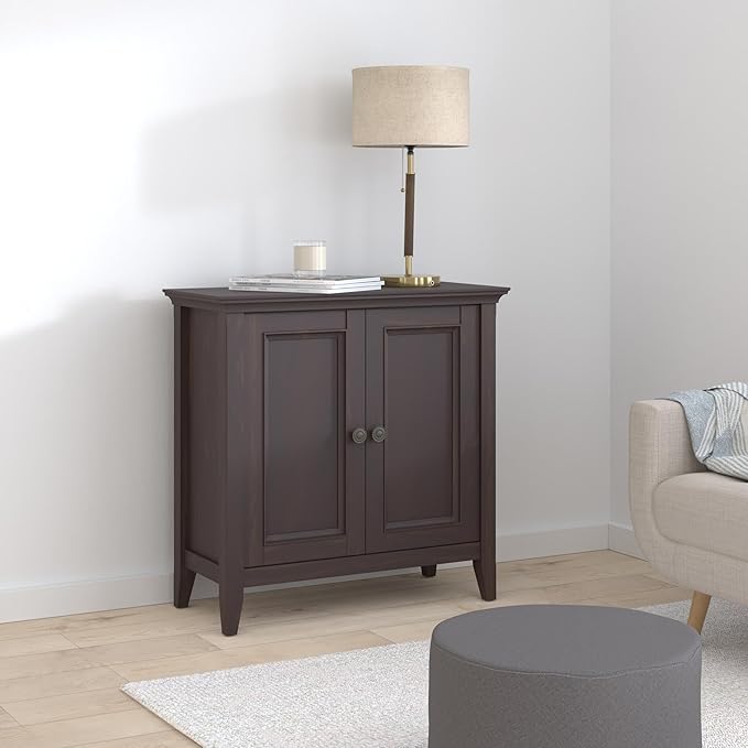 SIMPLIHOME Amherst 32-inch Wide Solid Wood Transitional-Style Low Storage Cabinet in Hickory Brown for Living Room, Entryway, or Dining Area with Adjustable Shelves