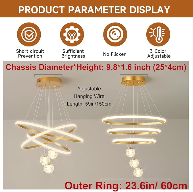 LED Modern 3 Ring Chandeliers for Dining Room, 24in Dimmable Kitchen Pendant Lamp, Gold Dining Room Light Fixtures Ceiling Hanging Over Table, Globe Round Chandeliers for Living Room Bedroom