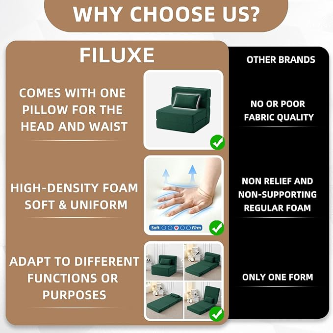 FILUXE Folding Sofa Bed | Convertible Sleeper Chair Bed for Adults, Fold Out Chair to Bed Linen Futon Chair with Pillow, for Home Dorm Apartment RV Living Room, Single Size Dark Green