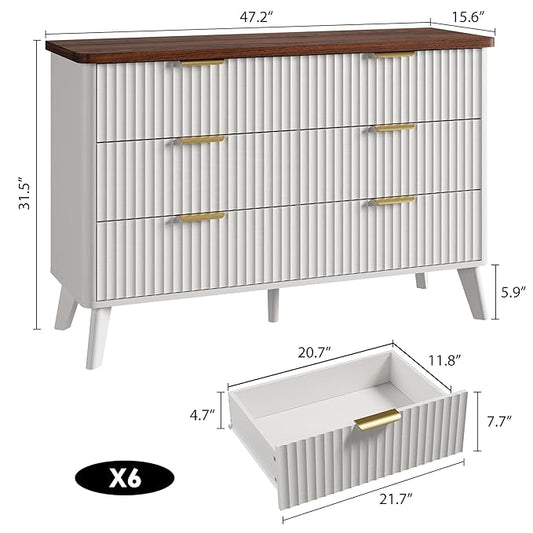 Garvee 6 Drawers Dresser for Bedroom, 47.2" Wide Dressers with Curved Profile Design, Fluted Wood Drawers with Gold Handle, Modern Chest of Dressers with Thickened Design for Living Room, White