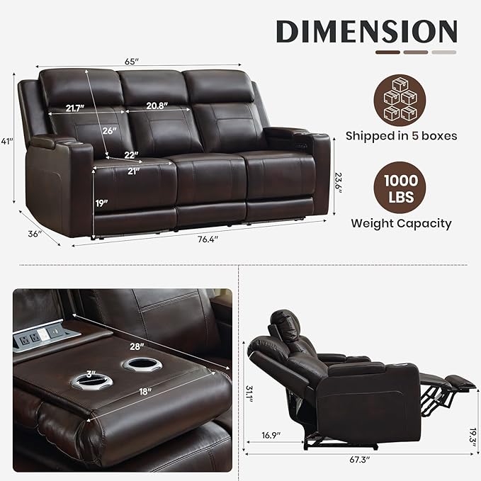 Power Recliner Sofa with Adjustable Headrest, Electric Reclining Couch with LED Light/Armrest Storage, USB & Type-C, Power Loveseat Recliner Sofa for Living Room, Bedroom(Brown, 3 Seater)