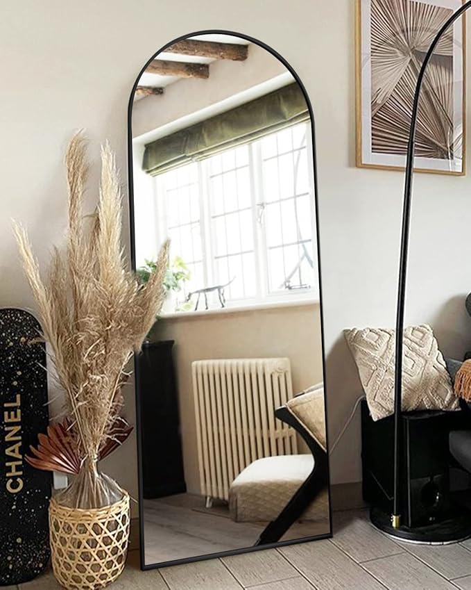 Floor Mirror, Full Length Mirror with Stand, Arched Wall Mirror Full Length, Black Floor Mirror Freestanding, Wall Mounted for Bedroom, Black