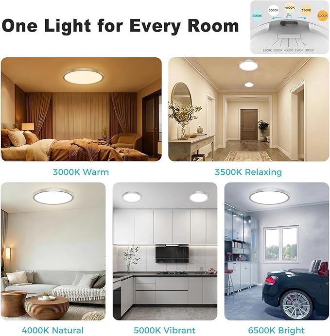 libtit 2Pack 13inch LED Flush Mount Ceiling Light, Dimmable & 5Color Temperatures (3000K-6500K), 24W Round Slim Brushed Nickel Light Fixture for Bedroom Livingroom Garage Kitchen