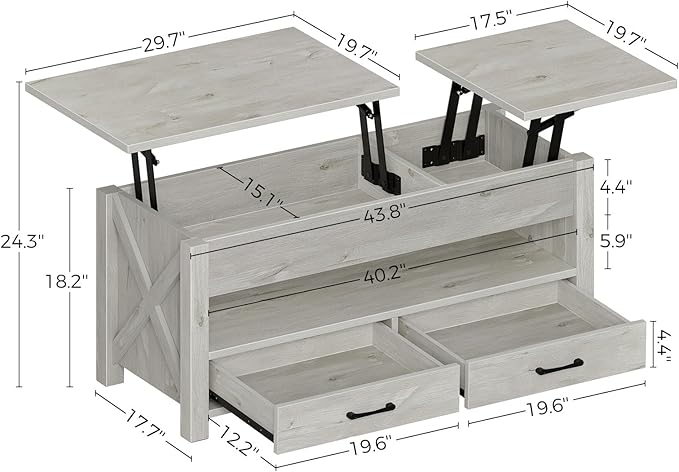 Seventable Coffee Table, 47.2" Lift Top Coffee Table with 2 Storage Drawers and Hidden Compartment, Retro Center Table with Wooden Lift Tabletop for Living Room, Gray