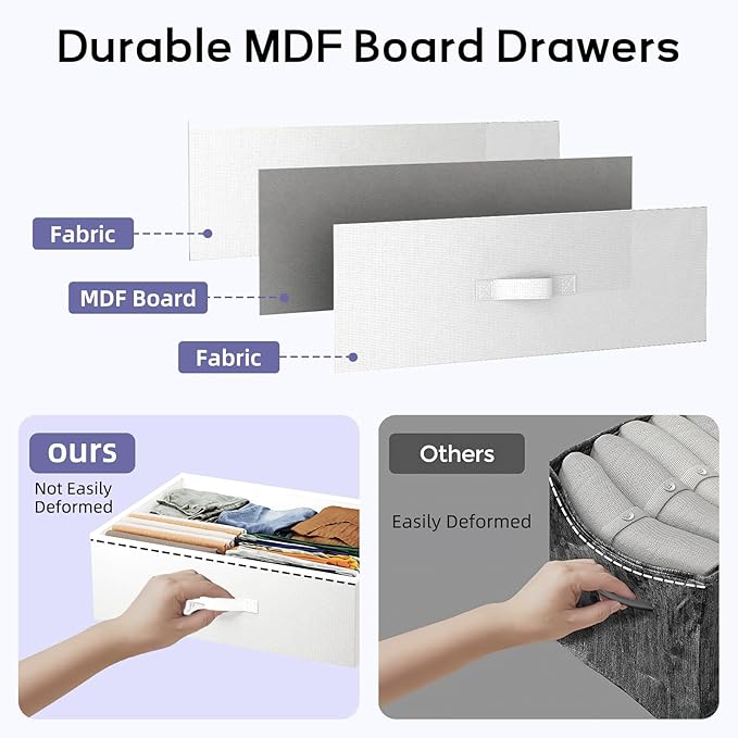 Fabric Dresser with Clothes Rack, 4 Drawers Dresser for Bedroom with Charging Station and LED Lights, Chest of Drawers with Wheels, Steel Frame, Wood Top, for Bedroom, Closet, White