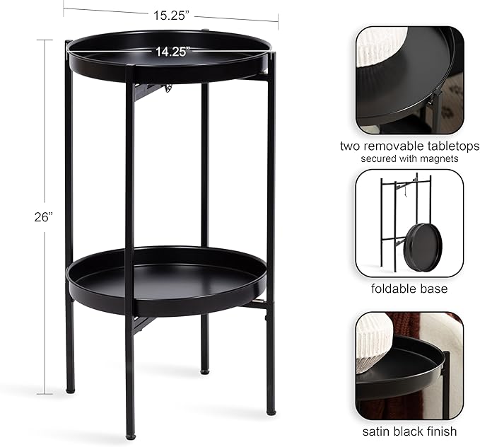 Kate and Laurel Celia Round Metal Foldable Tiered Side Table; 16 x 26; Black; Modern Accent Table with Removable Magnetic Tray Tabletops and Space-Saving Folding Base