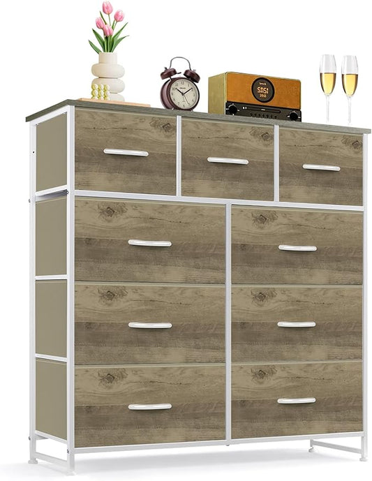 9-Drawer Dresser for Bedroom, Anti-Tip Tall Storage Organizer Chest of Drawers with Wooden Top and Metal Frame Fabric Bins for Closet, Living Room, Hallway, Entryway, Greige Oak