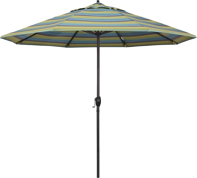 California Umbrella 12-Year Protection 9-Ft Outdoor Patio Umbrella, Sunbrella Fade-Resistant Acrylic Fabric, Auto Tilt and Crank, Heavy-Duty Aluminum Frame/ Reinforced Ribs, Bronze Pole, Astoria Lagoon