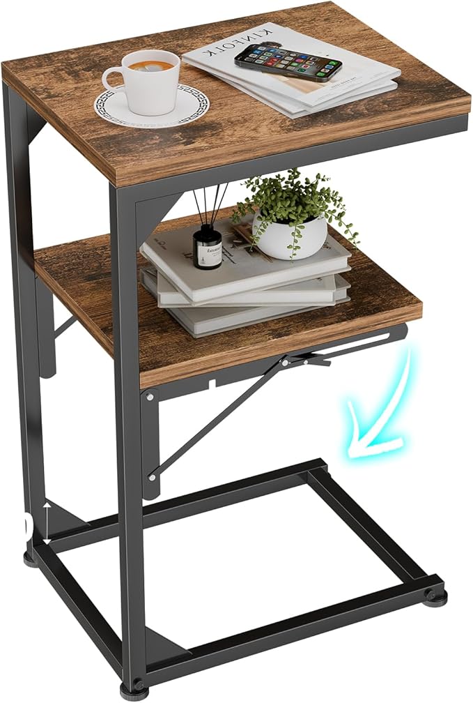 Simple Trending TV Tray Table, C Shaped End Table for Couch, Foldable Table with 2 Shelf Storage, for Sofa Bedside, Rustic Brown