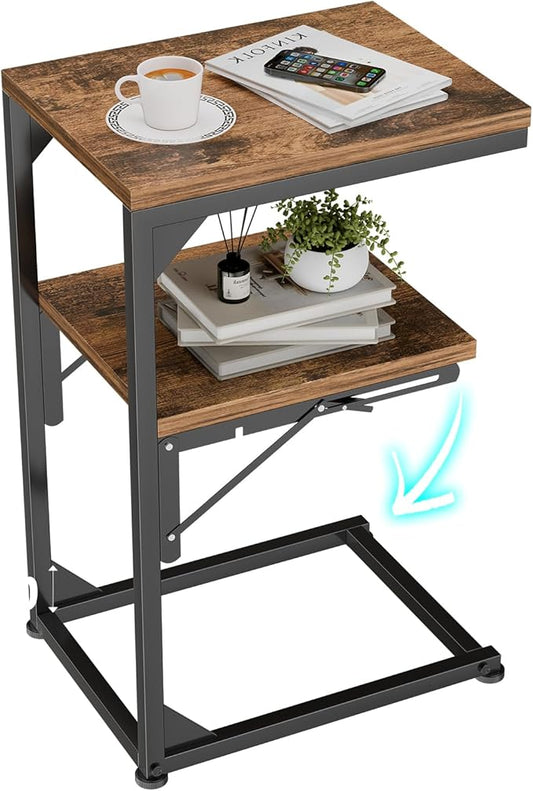 Simple Trending TV Tray Table, C Shaped End Table for Couch, Foldable Table with 2 Shelf Storage, for Sofa Bedside, Rustic Brown
