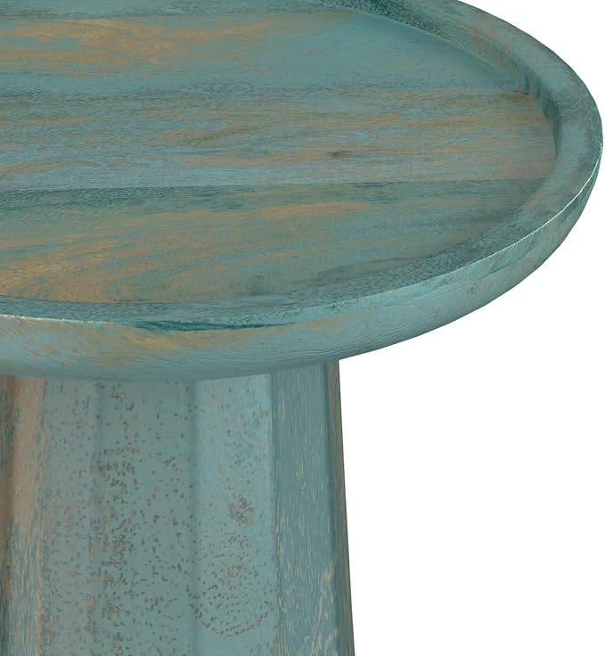 SIMPLIHOME Dayton End Table - 13 inch Wide Solid Mango Wood Round Accent Table in Teal Wash, Handcrafted Contemporary Nightstand or Lamp Stand for Living Room with Textured Finish, Assembled