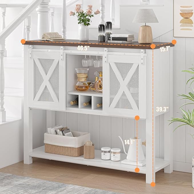 CABIHOME Coffee Bar Cabinet with Storage - Sliding Barn Door Kitchen Buffet, Wood Sideboard Console Cabinet with Wine Rack & Glass Holder for Living & Dining Room, White