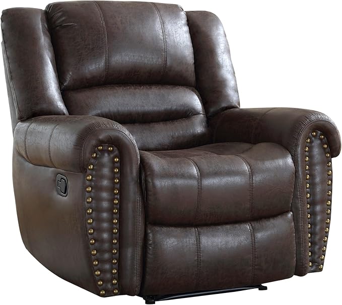 EBELLO Faux Leather Manual Recliner Chair, Classic Single Reclining Chair with Comfortable Armrest and Backrest, Vintage Rivet Mid-Century Design for Living Room, Bedroom, Dark Brown