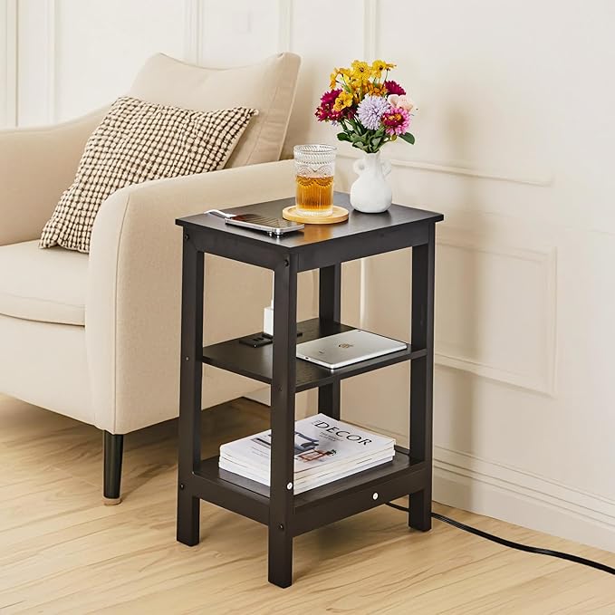 VECELO Side/End Storage with Shelf Versatile Nightstands Lamp Table Living Room Bedroom Furniture, Shelves, Classic Black