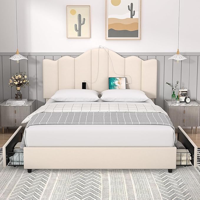 VECELO Full Size Bed Frame with 4 Drawers, Adjustable Headboard, Upholstered Platform with Wood Slats Support, Built-in USB and Type C Ports, Cream Beige