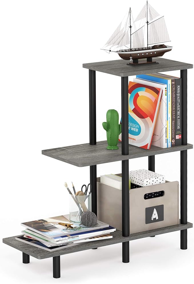 Furinno Turn-N-Tube 3-Tier Sofa Side Table Tall, French Oak Grey/Black
