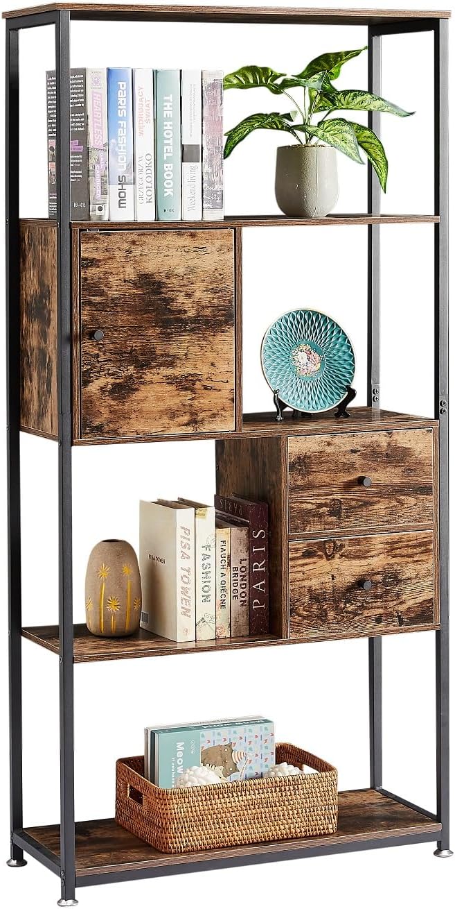 VECELO 5-Tier Bookshelf,Bookcase with 2 Storage Drawers and 1 Cabinet, Wood Board with Metal Frame Open Book Shelves Standing Shelf Unit for Living Room, Home Office,Bedroom