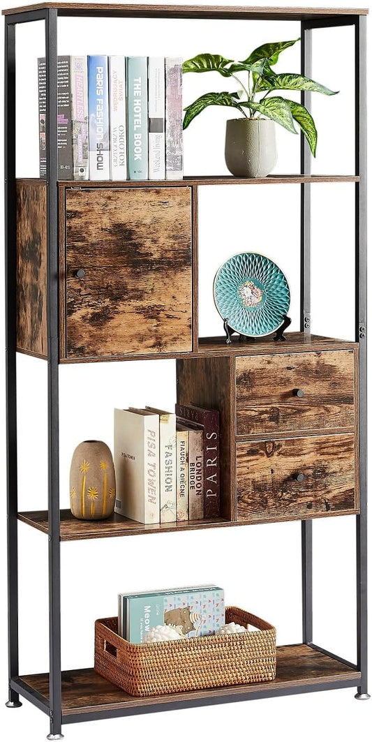 VECELO 5-Tier Bookshelf,Bookcase with 2 Storage Drawers and 1 Cabinet, Wood Board with Metal Frame Open Book Shelves Standing Shelf Unit for Living Room, Home Office,Bedroom