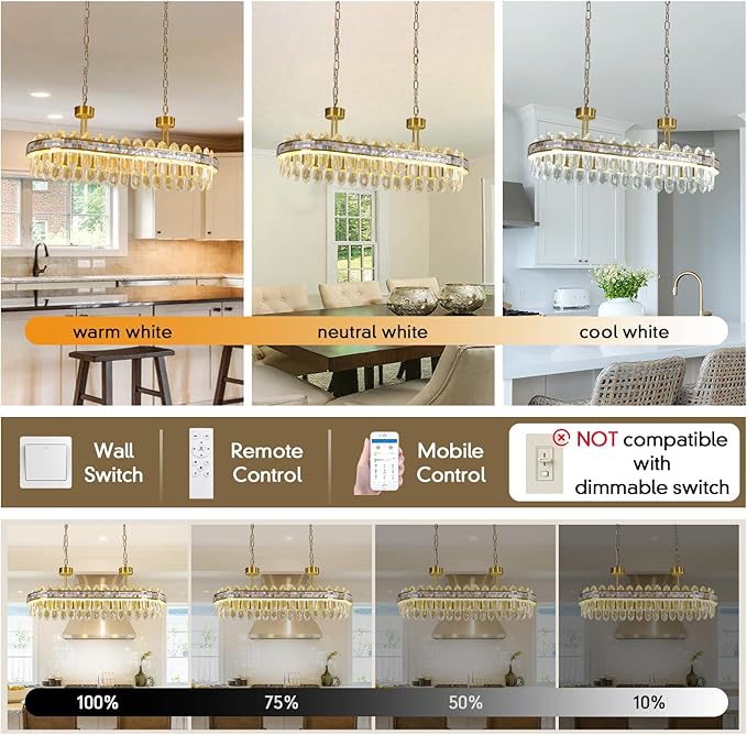 Modern Rectangle Led Crystal Chandelier for Dining Room - L31.5'' Gold 3 Color Stepless Dimmable Oval Chandelier,Luxury Long Linear Chandeliers for Living Room Kitchen Island with Remote Control