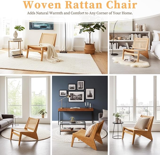 Rattan Accent Chair for Living Room, Mid Century Side Chair, Comfy Bamboo Chairs for Bedroom Reading Room, Wood