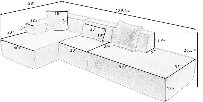 Ball & Cast 129" Tofu Block Modular Sofa Set with Left-Hand Facing Chaise,Modern Sectional Couch W/Square Armrest & Pillows,Free Combination,Italian Minimalist Style,for Livingroom,Beige Terrycloth