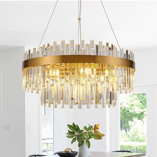 Modern Luxury Brushed Brass Gold Crystal Chandelier, 6-Light 2-Tier Raindrop Round Pendant Ceiling Light for Dining Room,Kitchen Island,Foyer,Bedroom,Entryway - 19.7" D,E12 Base