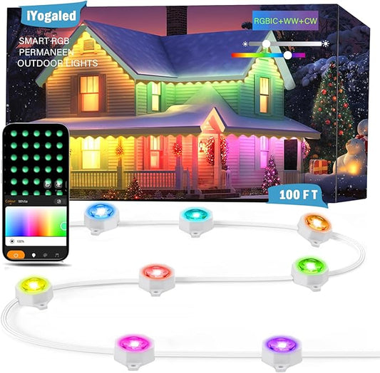 Permanent Outdoor Christmas Lights 100ft,Smart RGB Color Changing Eave Lights with 63 Scene Modes, IP67 Waterproof Permanent Holiday Lamps Outdoor,APP,Voice,Remote Control