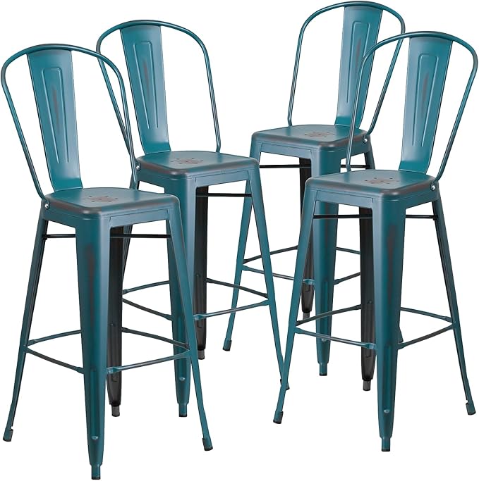 Flash Furniture Blake Commercial Grade 4 Pack 30" High Distressed Kelly Blue-Teal Metal Indoor-Outdoor Barstool with Back