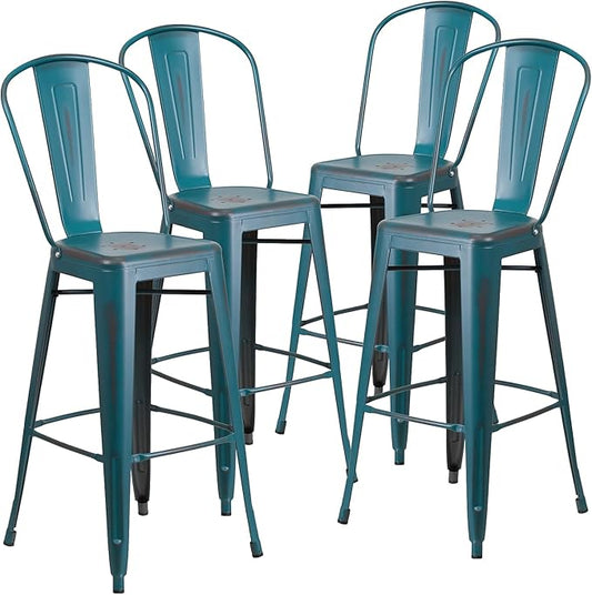 Flash Furniture Blake Commercial Grade 4 Pack 30" High Distressed Kelly Blue-Teal Metal Indoor-Outdoor Barstool with Back