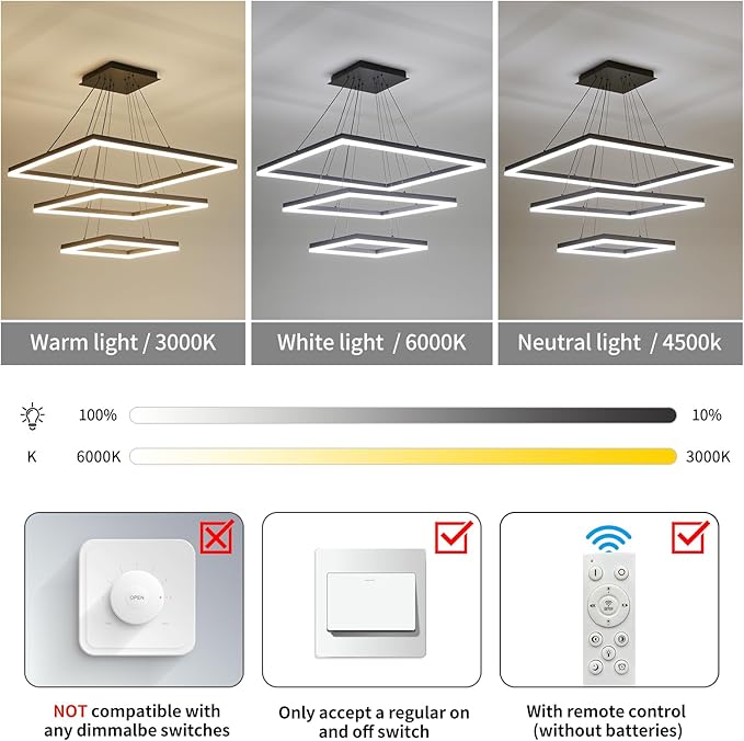 Modern LED Chandelier, Black Square Chandelier, 3 Rings Ceiling Pendant Light with Remote Control, Modern Chandelier Lighting for Bedrooms Dining Rooms
