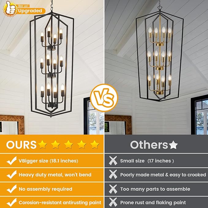 WJShome Modern Black Chandelier, 12-Light Tiered Pendant Light Fixtures, Long Chandeliers for High Ceilings, Farmhouse Foyer Lighting Fixtures, for Living Room, Staircase, Entryway
