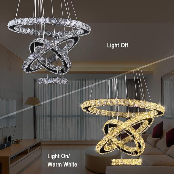 TongLan Modern 4-Ring Crystal LED Chandelier, Adjustable Height 11.8-47.2 in, K9 Crystal & Stainless Steel, 2700-3500K Warm White, Non-Dimmable, for Foyer Staircase Living Room Dining Room