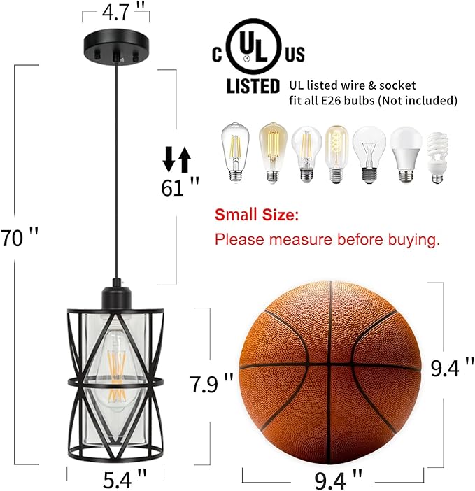 5.4"×7.9" Black Pendant Lights Kitchen Island, Pendant Light with Clear Glass Shade, Modern Kitchen Lights, Hanging Light Fixture for Kitchen Island, Foyer, Dining Room, Entryway