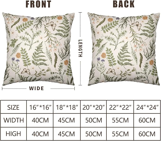 Sage Green Leaves Pillow Covers 24x24 Set of 2 Spring Botanical Fern Leaf Outdoor Decorative Pillow Cases Summer Farmhouse Wildflower Floral Cushion Covers for Couch Sofa Porch Decor